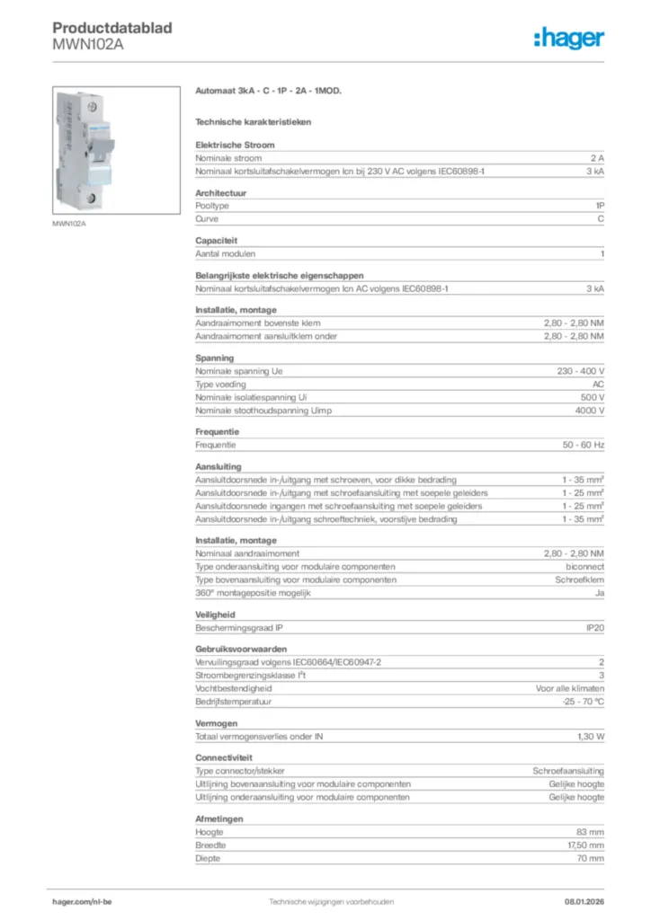Afbeelding Hager Productdatablad MWN102A | Hager Belgium
