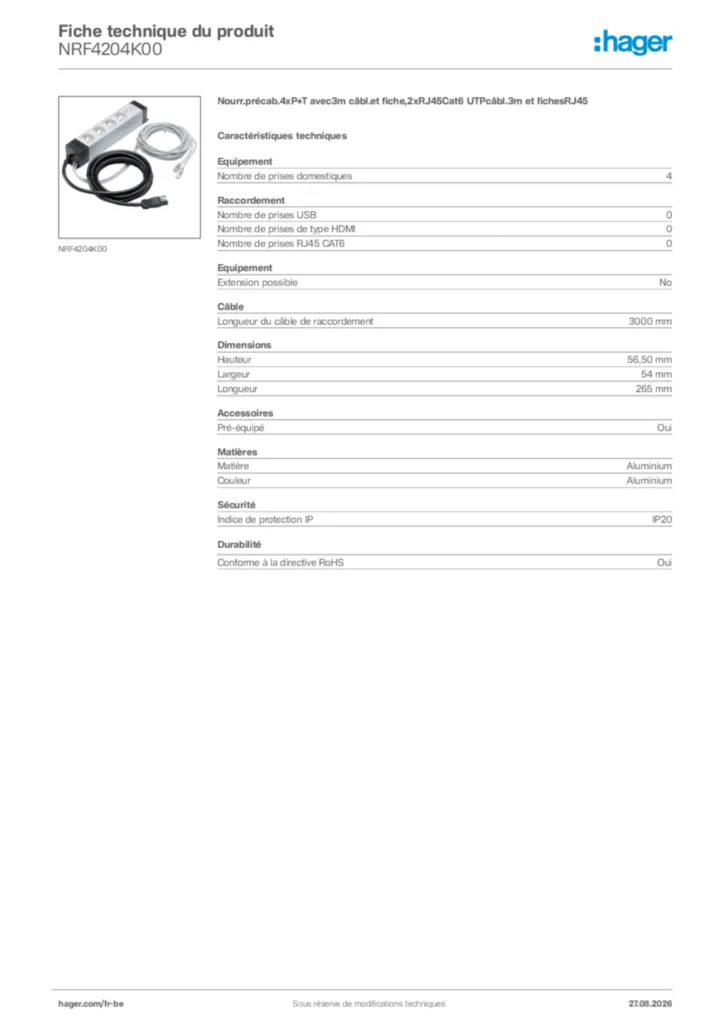 Image Hager Fiche technique du produit NRF4204K00 | Hager Belgique