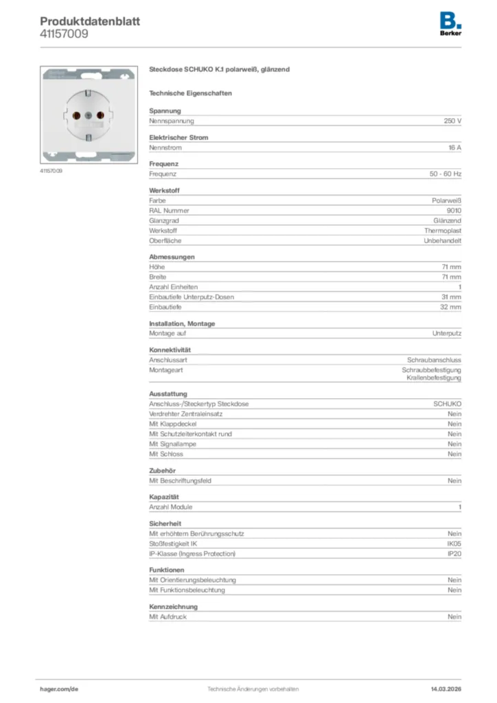 Bild Berker Produktdatenblatt 41157009 | Hager Deutschland