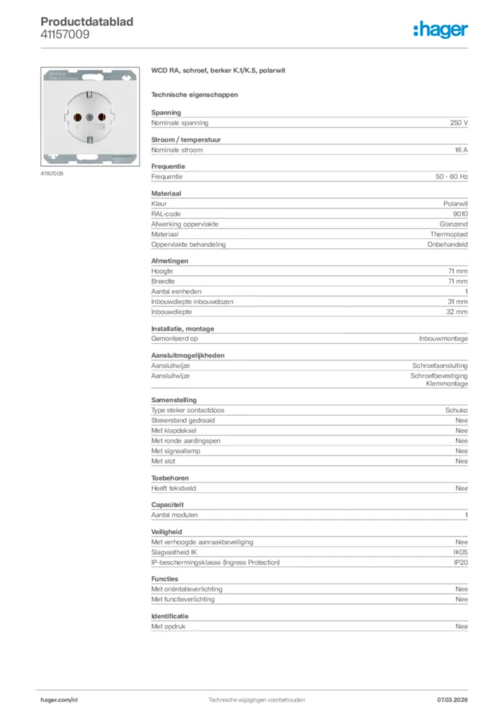 Afbeelding Hager Productdatablad 41157009 | Hager Nederland