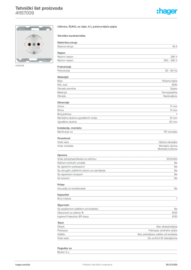 Slika Hager Product data sheet 41157009  | Hager