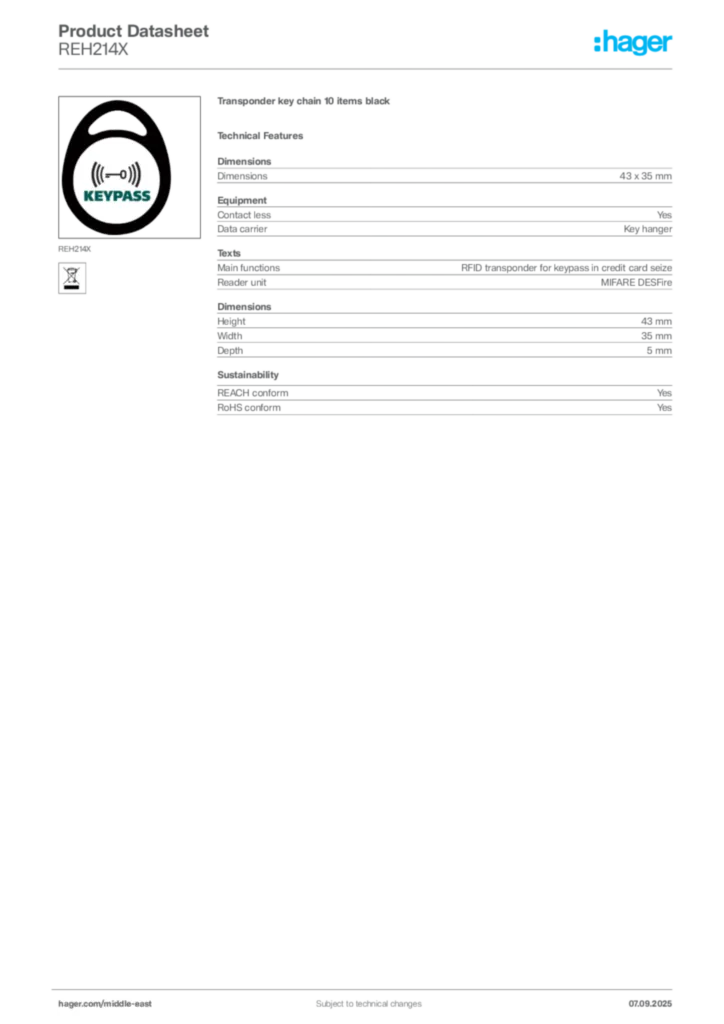 Image Hager Product data sheet REH214X  | Hager