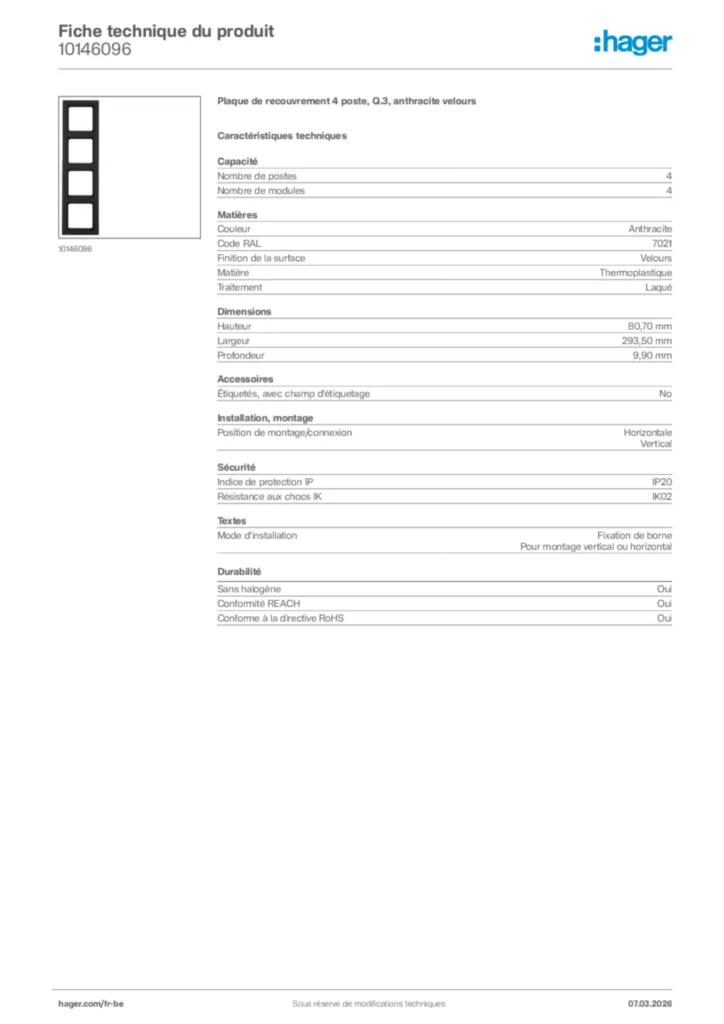 Image Hager Fiche technique du produit 10146096 | Hager Belgique