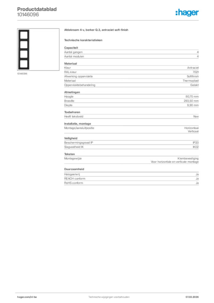Afbeelding Hager Productdatablad 10146096 | Hager Belgium