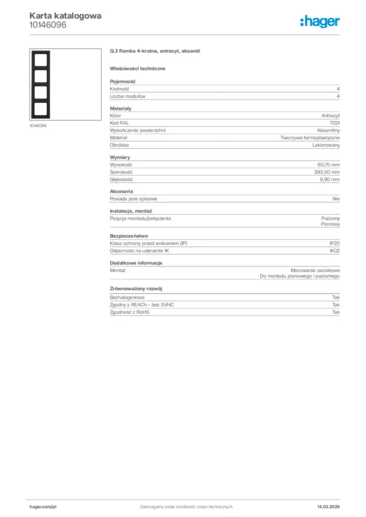 Zdjęcie Hager Karta katalogowa 10146096 | Hager Polska
