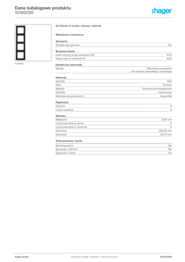 Zdjęcie Hager Karta katalogowa 10146096 | Hager Polska