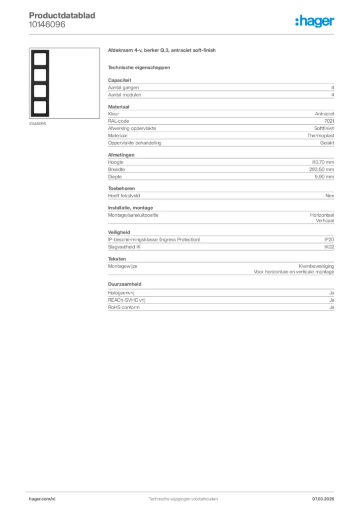 Afbeelding Hager Productdatablad 10146096 | Hager Nederland