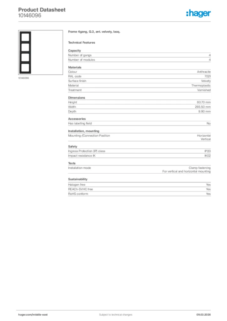 Image Hager Product data sheet 10146096  | Hager
