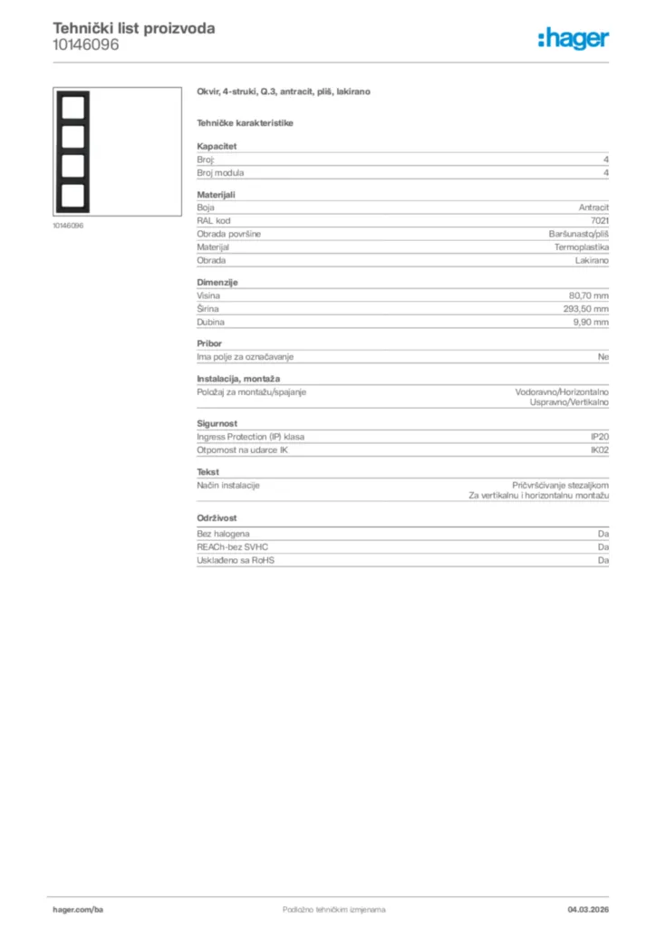 Slika Hager Tehnički list proizvoda 10146096  | Hager