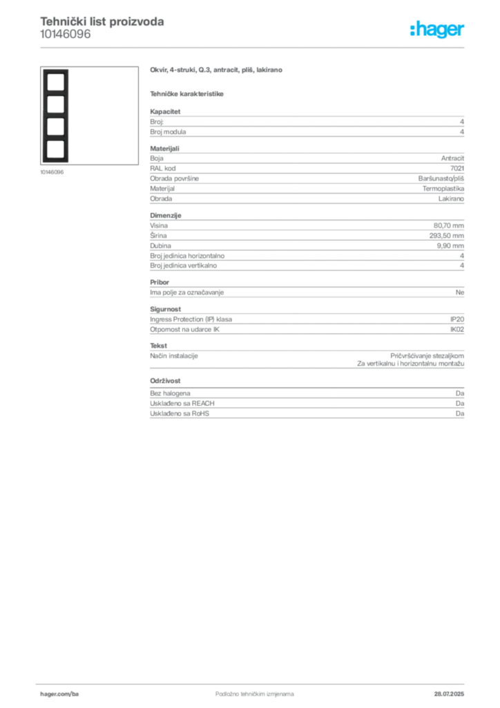 Slika Hager Product data sheet 10146096  | Hager