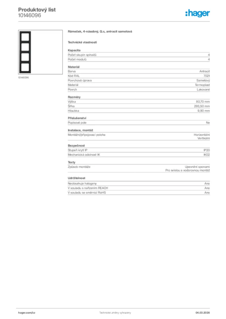 Obrázek Hager Product data sheet 10146096 | Hager