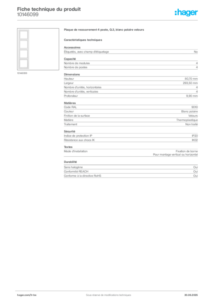 Image Hager Fiche technique du produit 10146099 | Hager Belgique