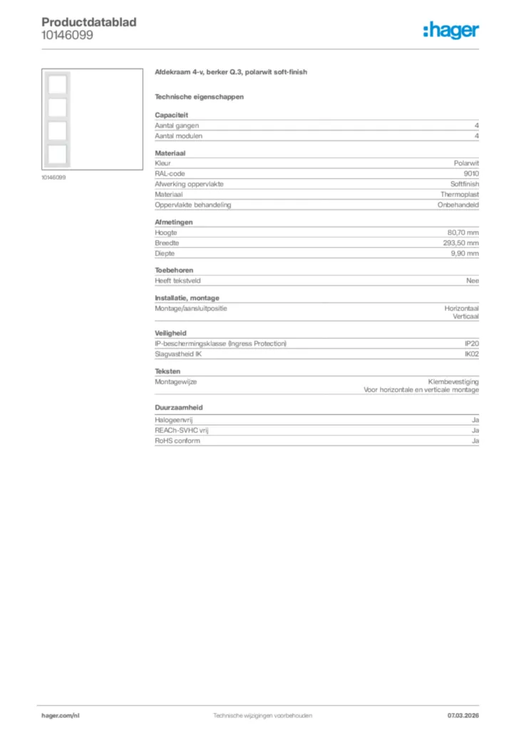 Afbeelding Hager Productdatablad 10146099 | Hager Nederland