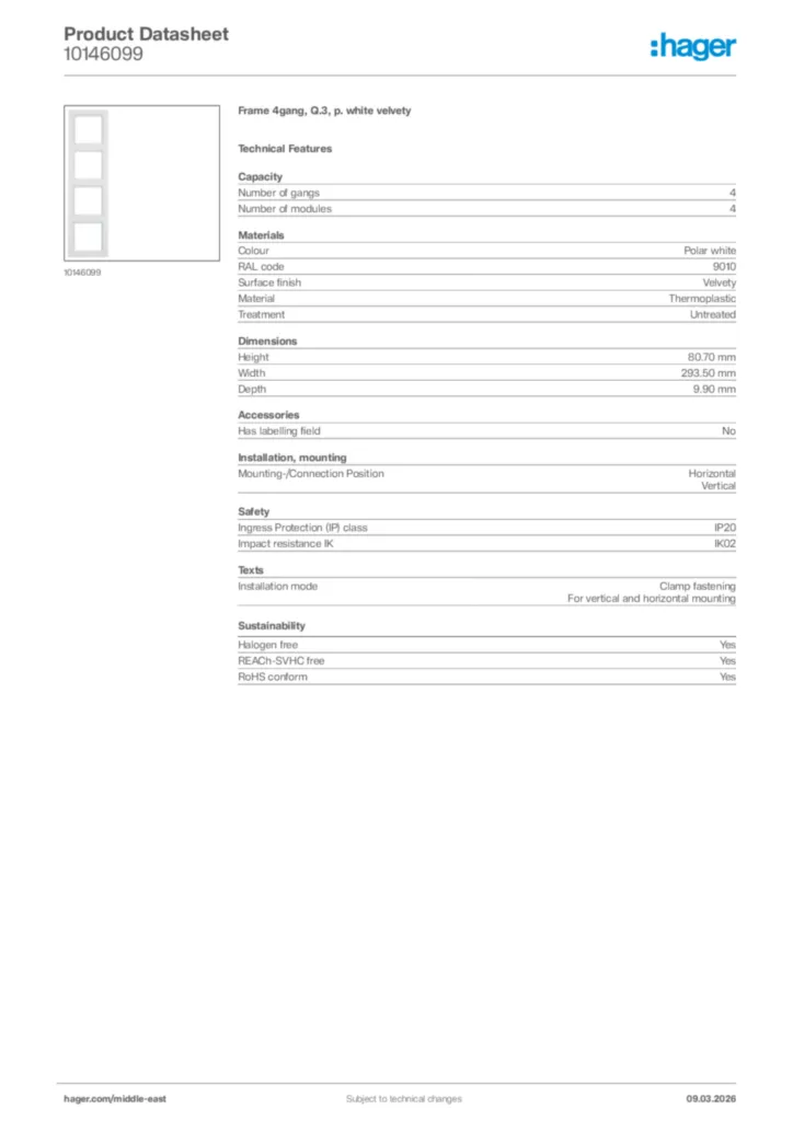 Image Hager Product data sheet 10146099  | Hager