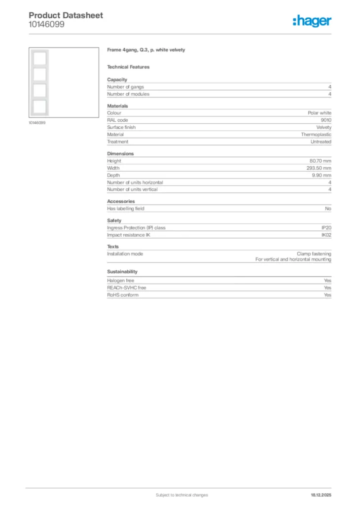Image Hager Product data sheet 10146099  | Hager