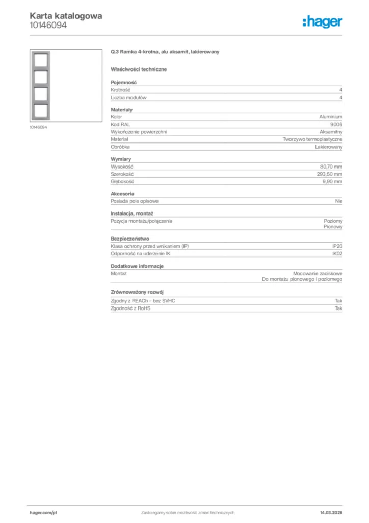 Zdjęcie Hager Karta katalogowa 10146094 | Hager Polska