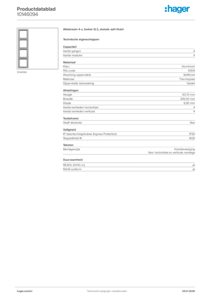 Afbeelding Hager Productdatablad 10146094 | Hager Nederland