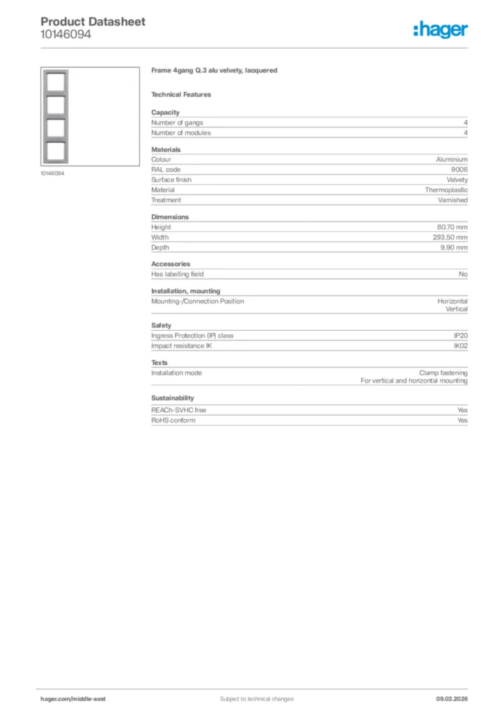 Image Hager Product data sheet 10146094  | Hager