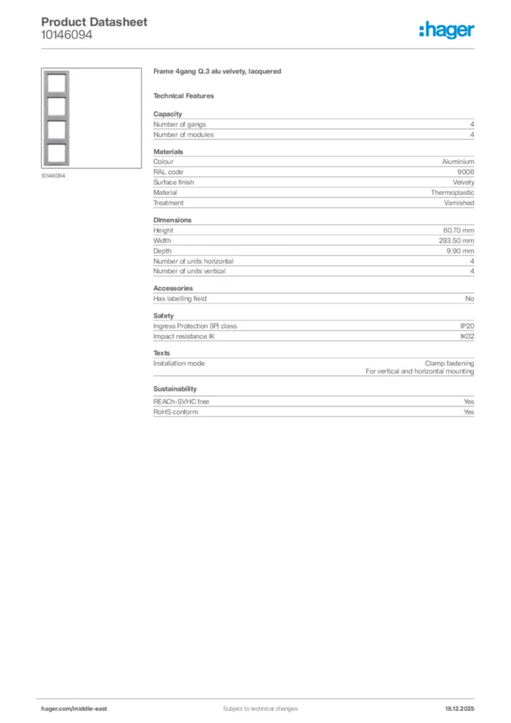 Image Hager Product data sheet 10146094  | Hager