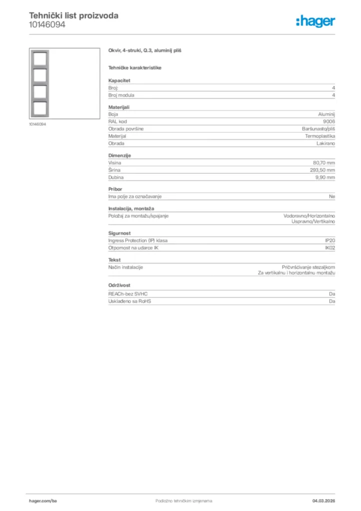 Slika Hager Tehnički list proizvoda 10146094  | Hager