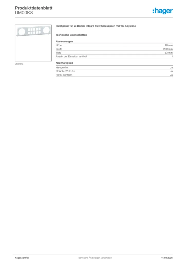 Bild Hager Produktdatenblatt UM00K8 | Hager Deutschland
