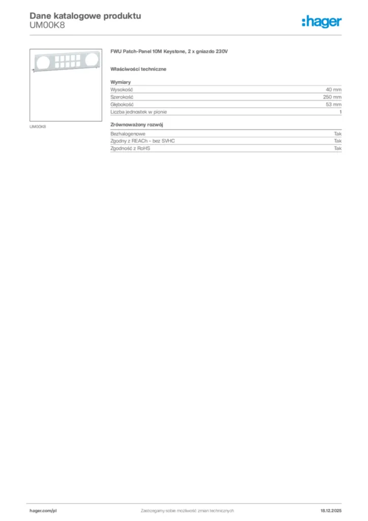 Zdjęcie Hager Karta katalogowa UM00K8 | Hager Polska