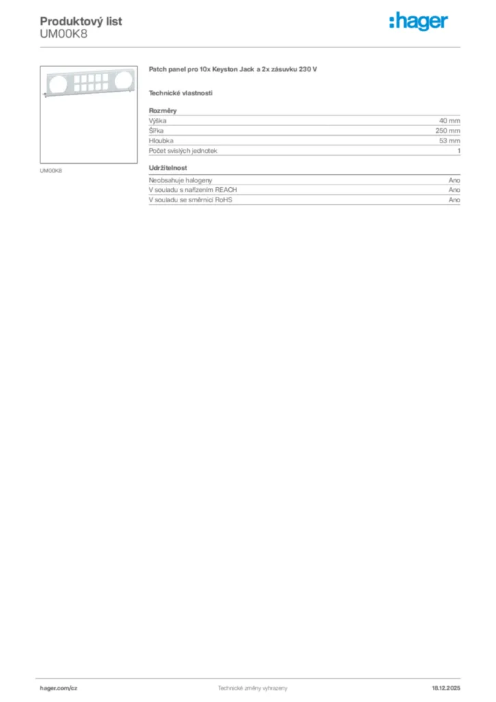 Obrázek Hager Produktový list UM00K8 | Hager