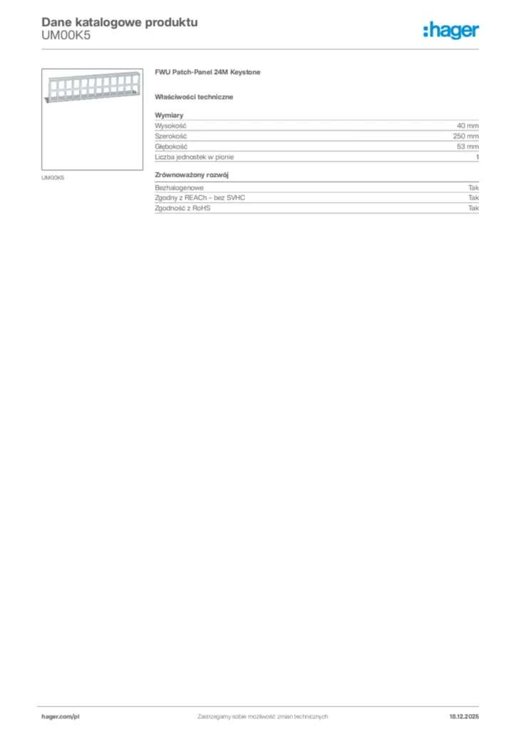 Zdjęcie Hager Karta katalogowa UM00K5 | Hager Polska