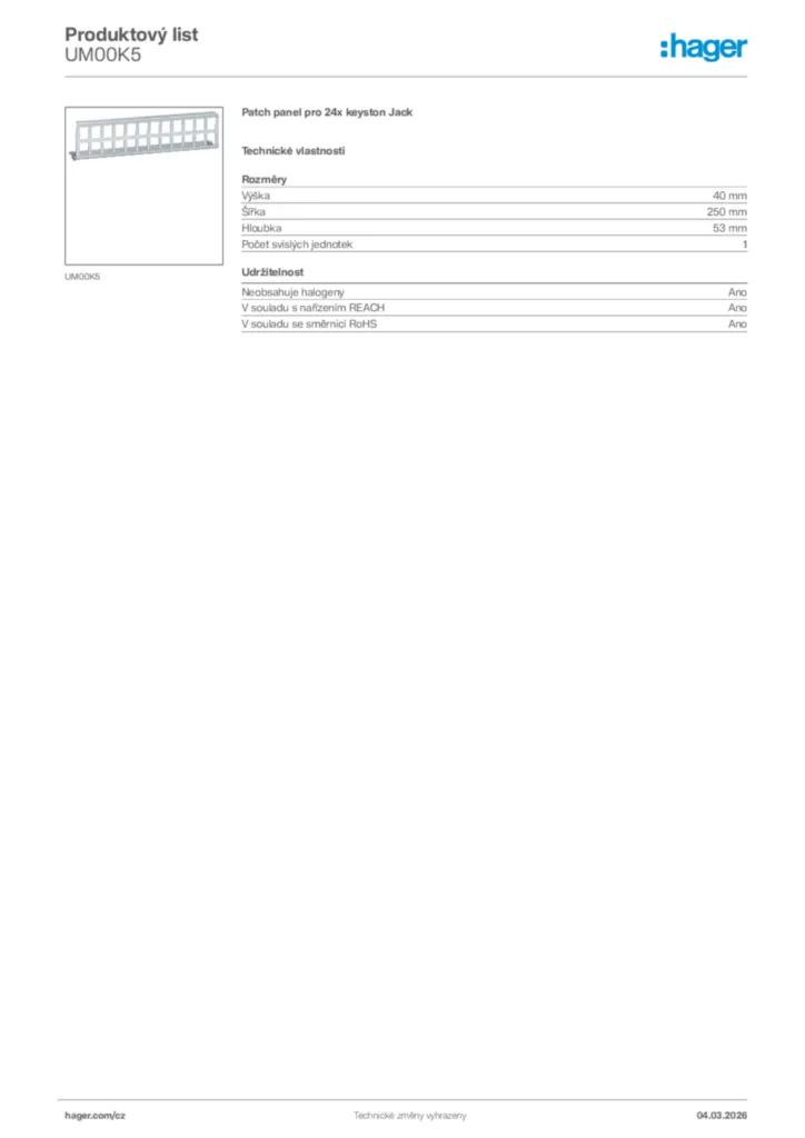 Obrázek Hager Product data sheet UM00K5 | Hager