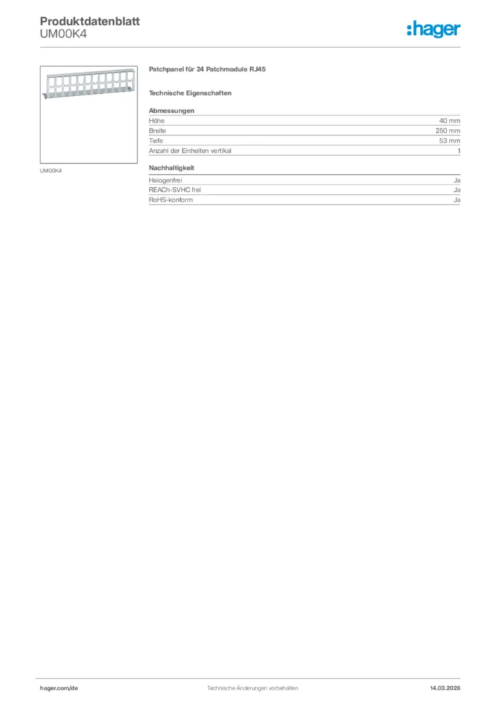 Bild Hager Produktdatenblatt UM00K4 | Hager Deutschland