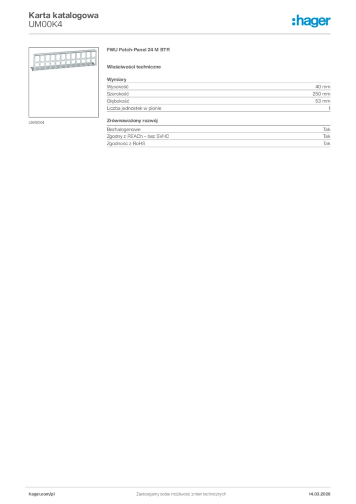 Zdjęcie Hager Karta katalogowa UM00K4 | Hager Polska