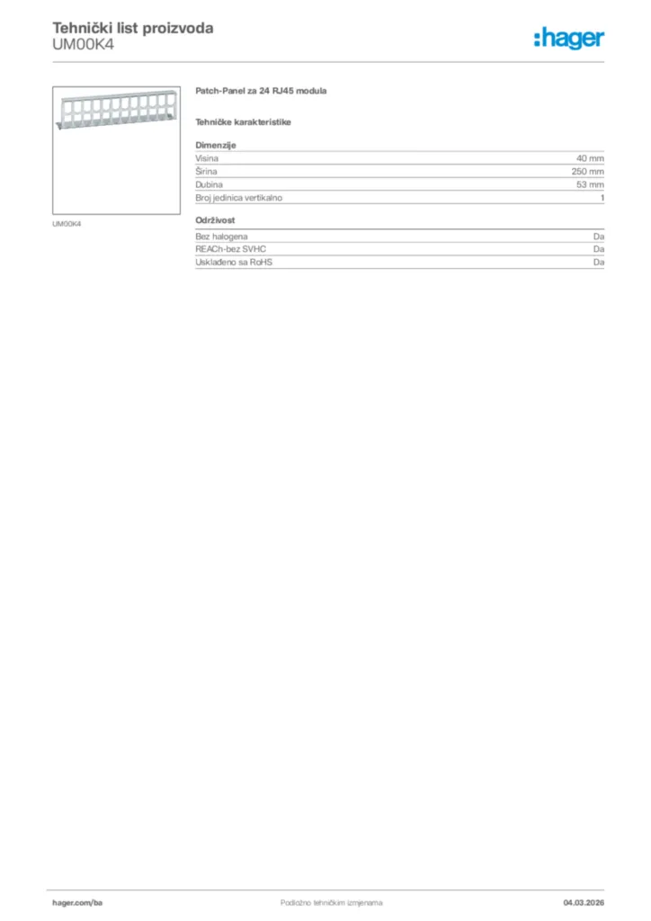 Slika Hager Tehnički list proizvoda UM00K4  | Hager