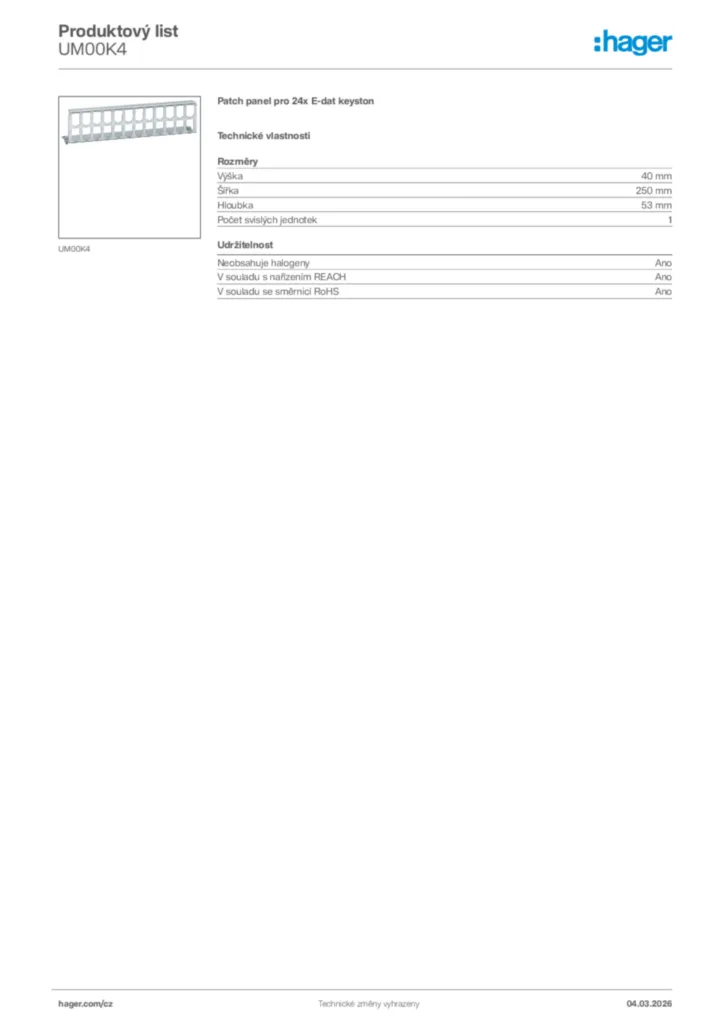 Obrázek Hager Product data sheet UM00K4 | Hager