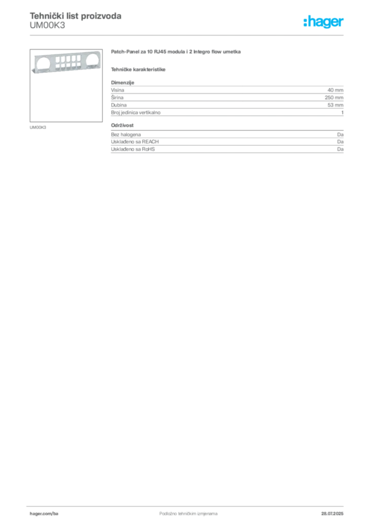 Slika Hager Product data sheet UM00K3  | Hager