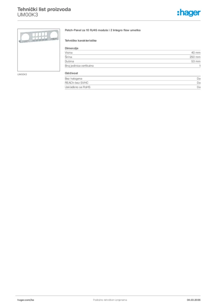 Slika Hager Tehnički list proizvoda UM00K3  | Hager