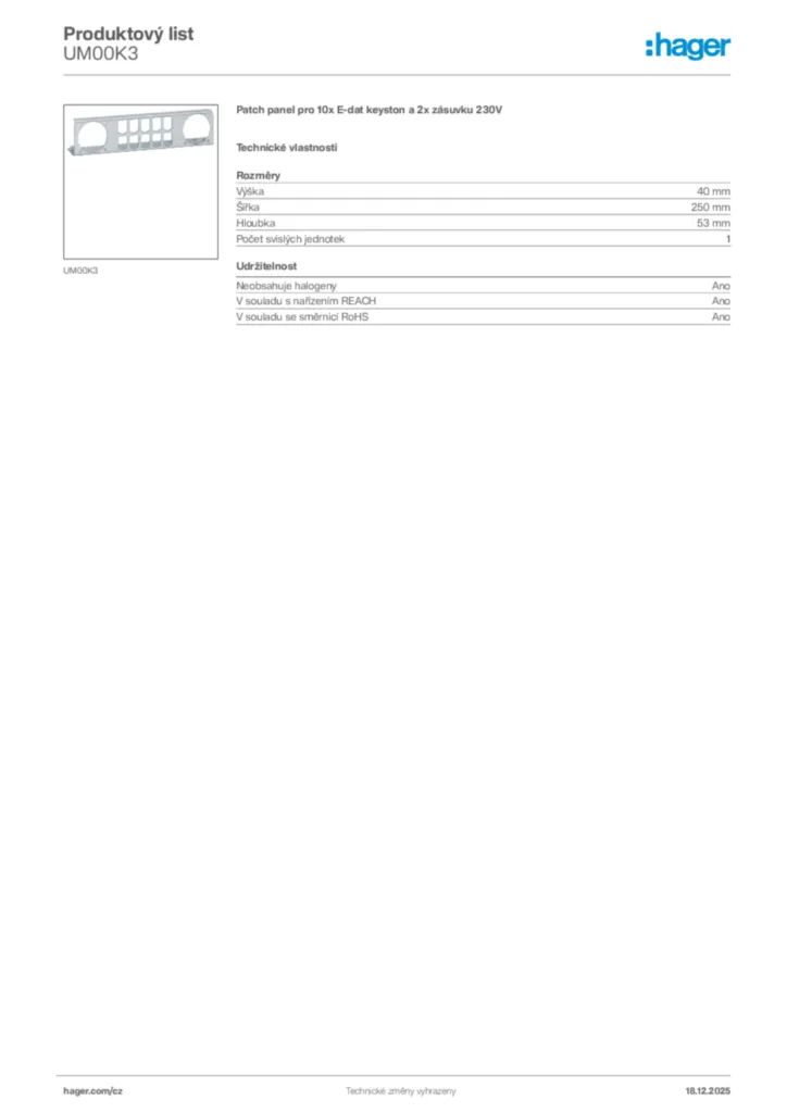 Obrázek Hager Produktový list UM00K3 | Hager