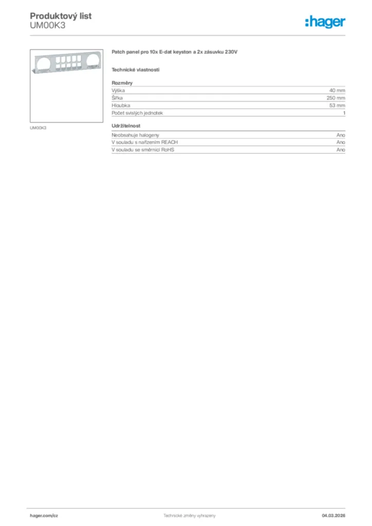 Obrázek Hager Product data sheet UM00K3 | Hager