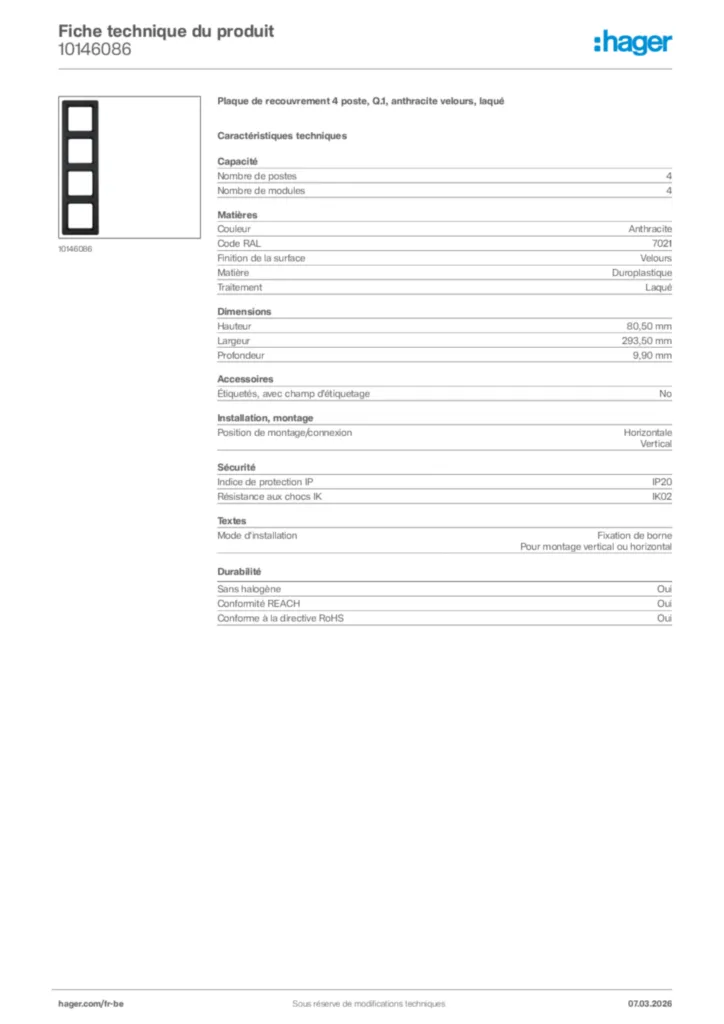 Image Hager Fiche technique du produit 10146086 | Hager Belgique