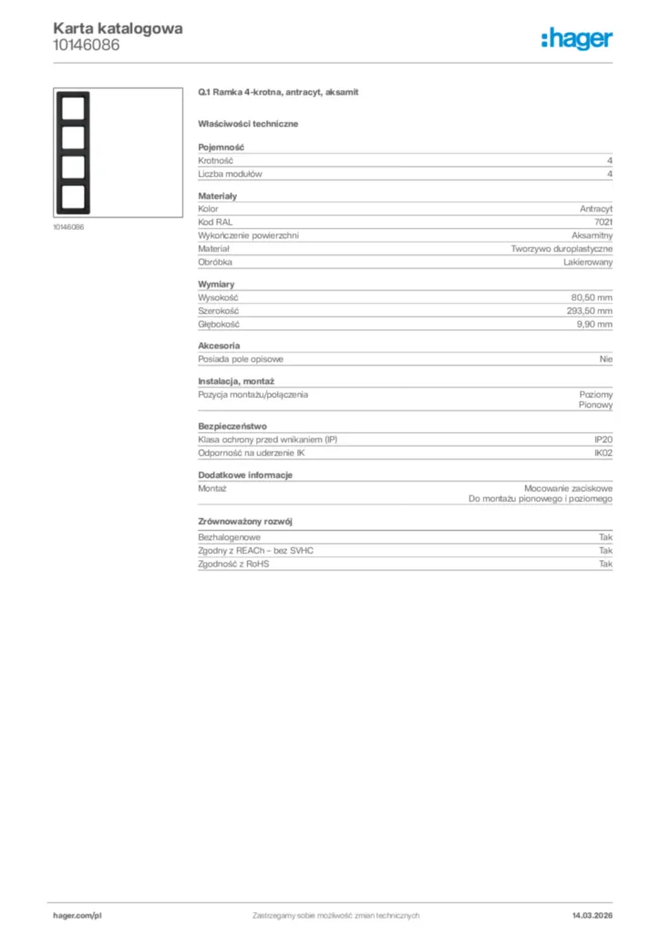 Zdjęcie Hager Karta katalogowa 10146086 | Hager Polska