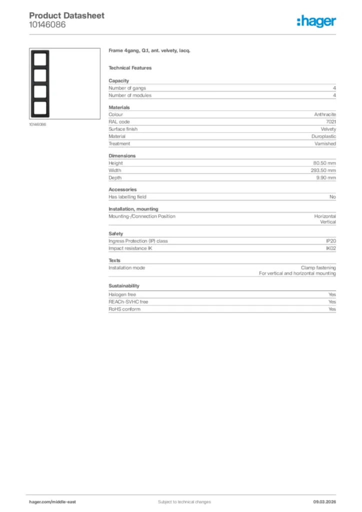 Image Hager Product data sheet 10146086  | Hager