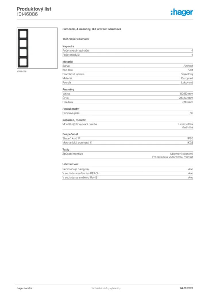 Obrázek Hager Product data sheet 10146086 | Hager