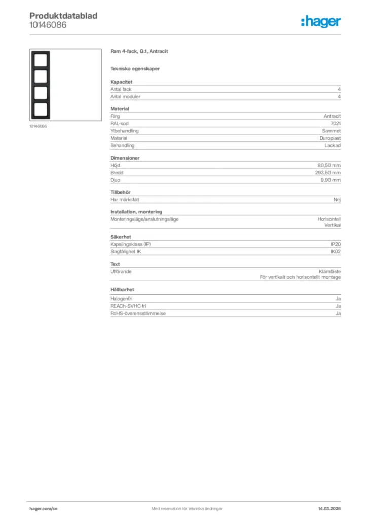 Bild Hager Produktdatablad 10146086 | Hager Sverige