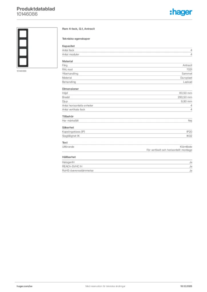 Bild Hager Produktdatablad 10146086 | Hager Sverige