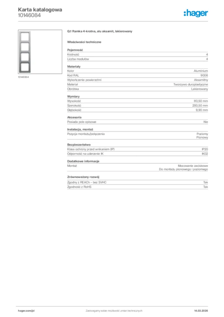Zdjęcie Hager Karta katalogowa 10146084 | Hager Polska