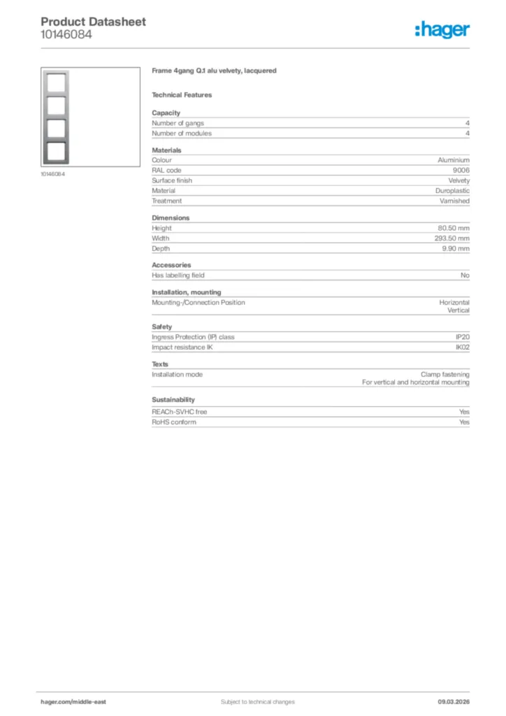 Image Hager Product data sheet 10146084  | Hager