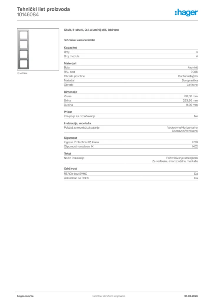 Slika Hager Tehnički list proizvoda 10146084  | Hager