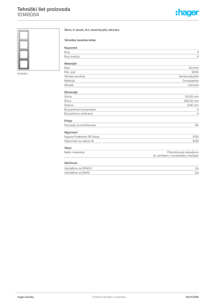 Slika Hager Product data sheet 10146084  | Hager