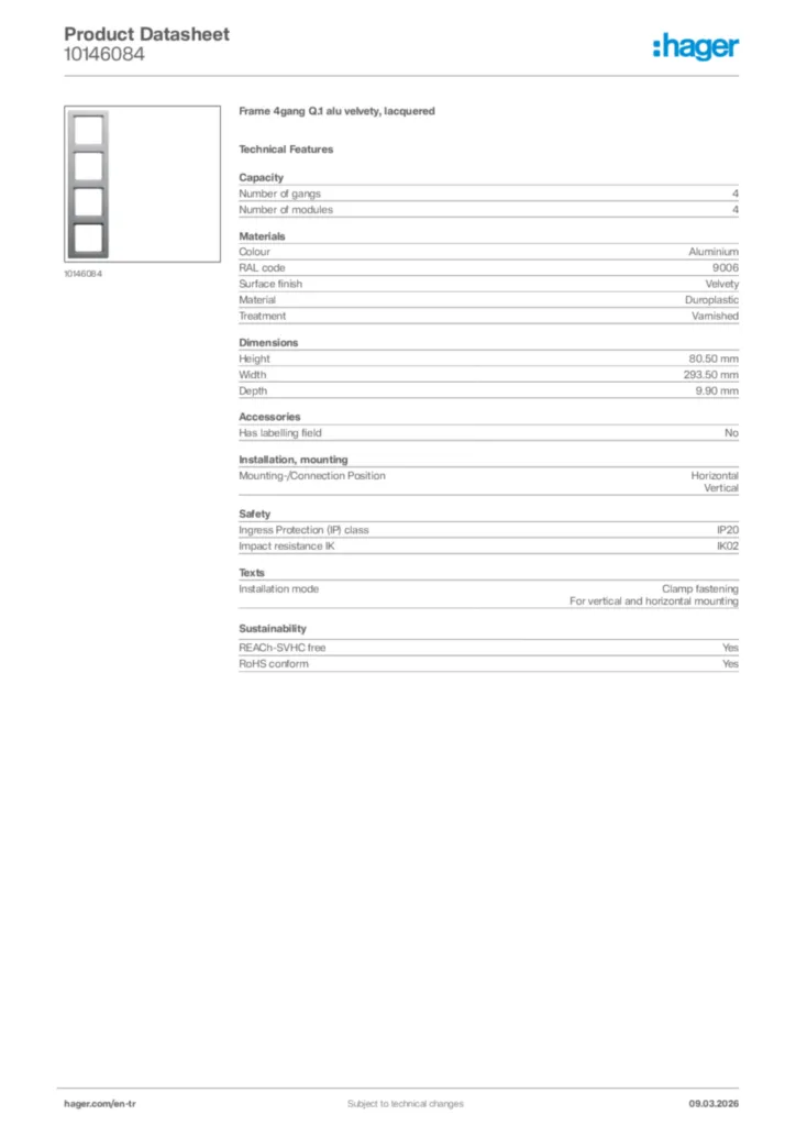 Image Hager Product data sheet 10146084  | Hager