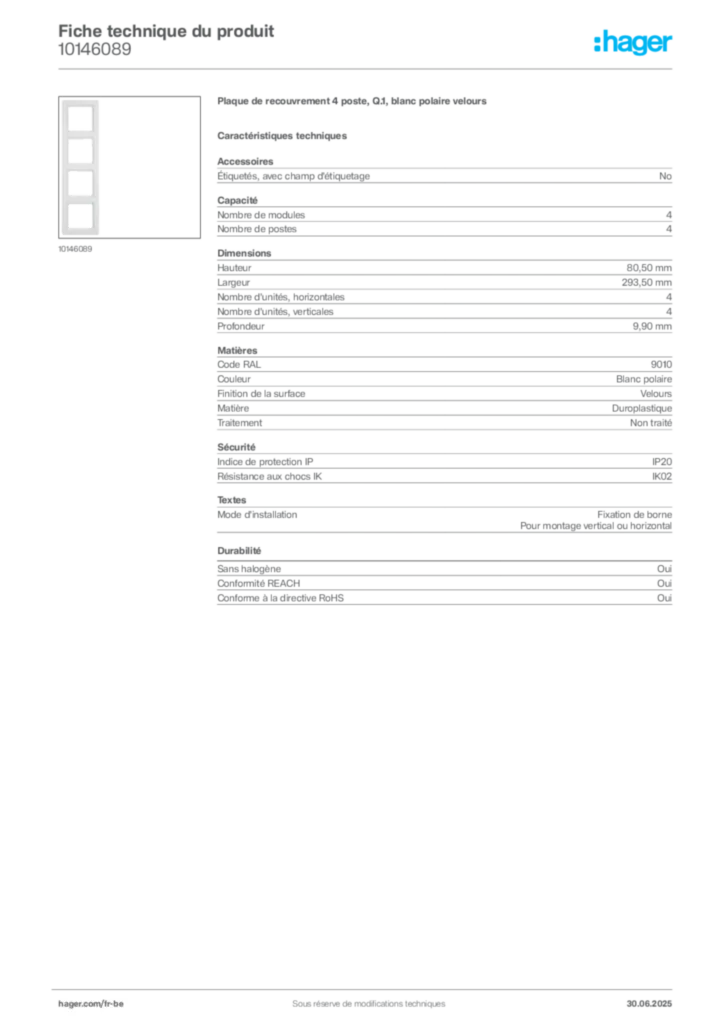 Image Hager Fiche technique du produit 10146089 | Hager Belgique