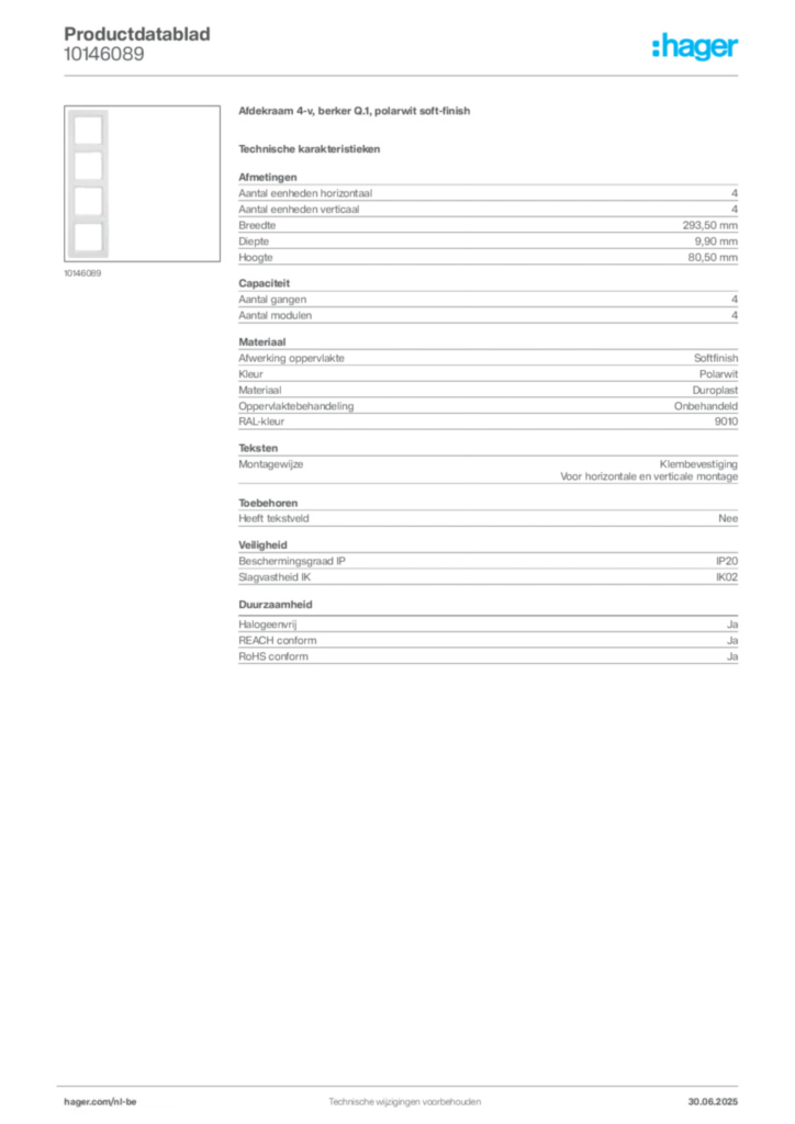 Afbeelding Hager Productdatablad 10146089 | Hager Belgium